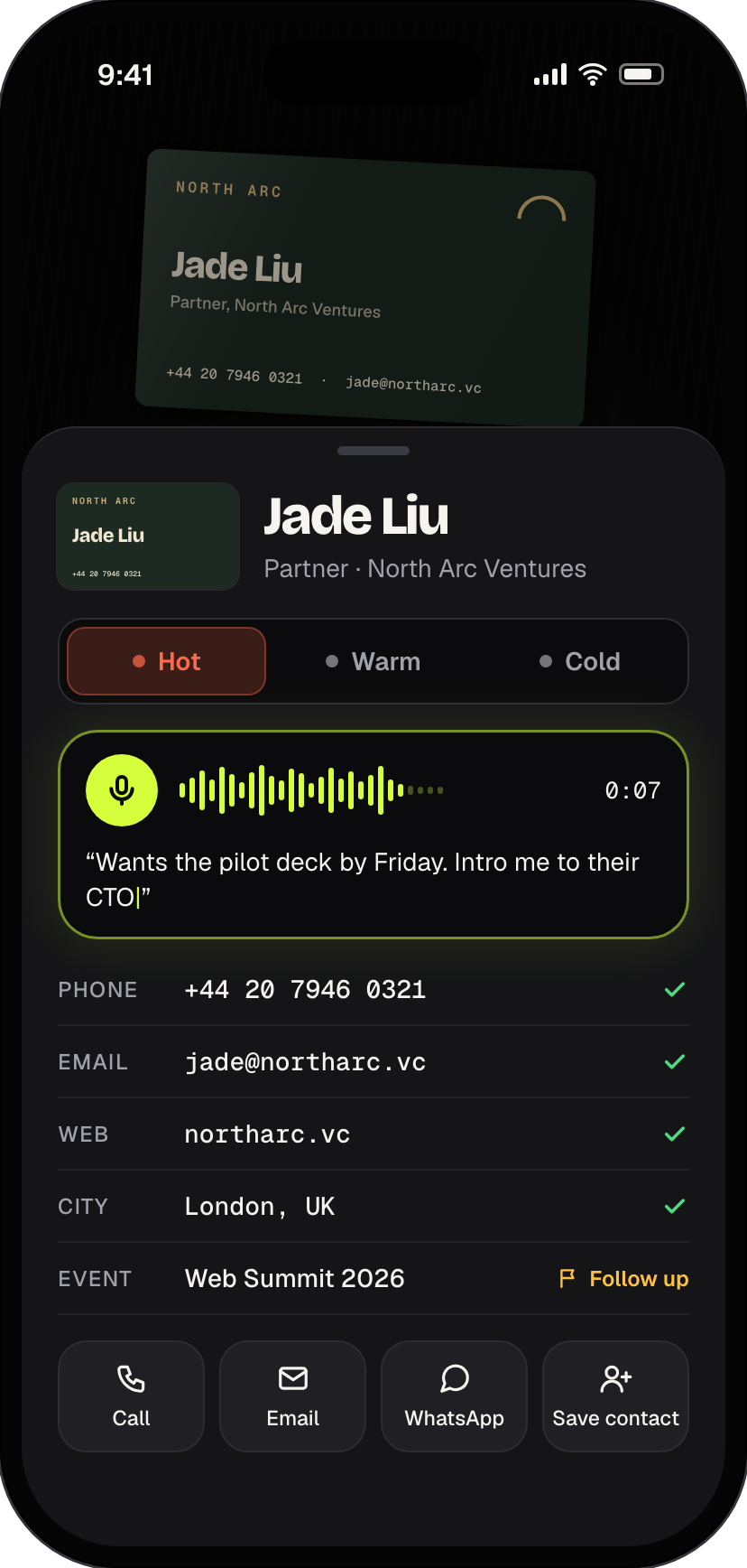 A contact in Plugd with a card photo, lead tag and a transcribed voice note