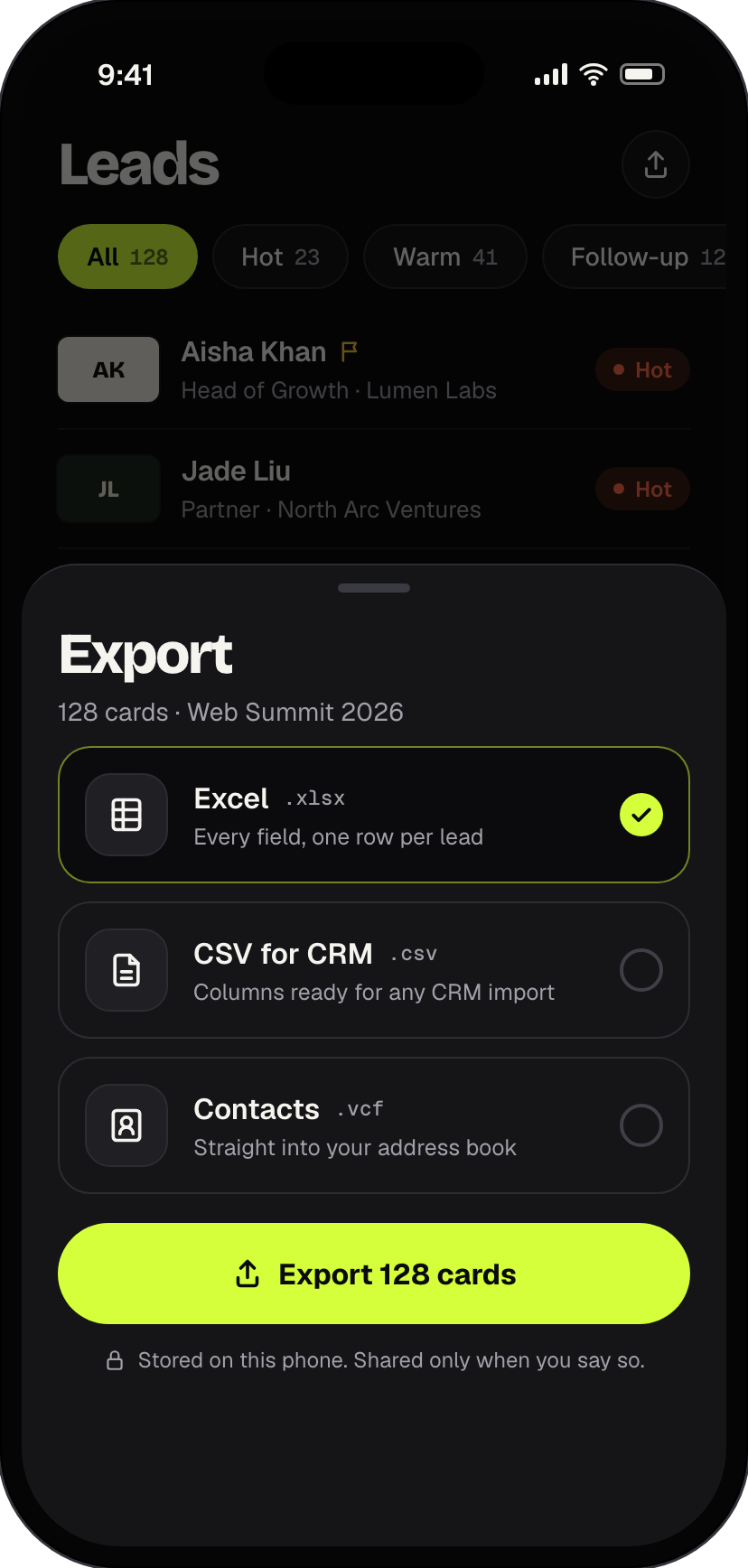 The Plugd export sheet with Excel, CSV and Contacts options